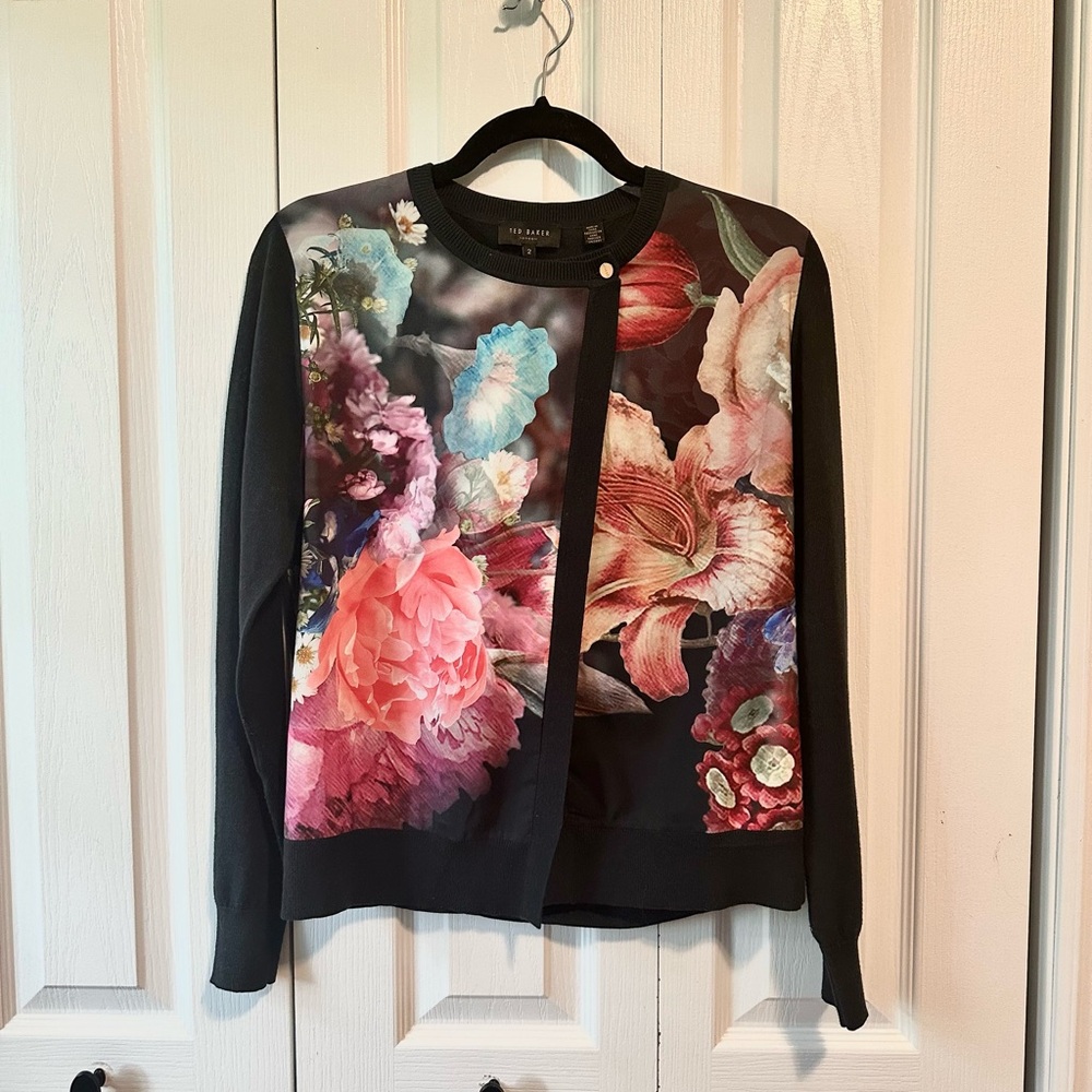 Ted Baker Black Cardigan with Multicolor Floral Front - Picture 2 of 5